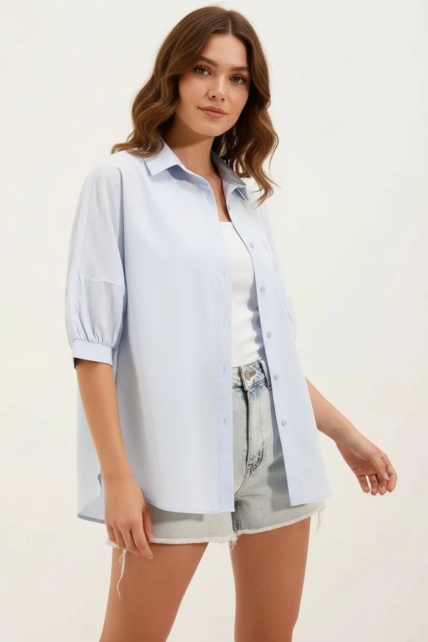 Kadın Cep Detaylı Basic Oversize Kısa Kol Pamuklu Bebe Mavisi Gömlek