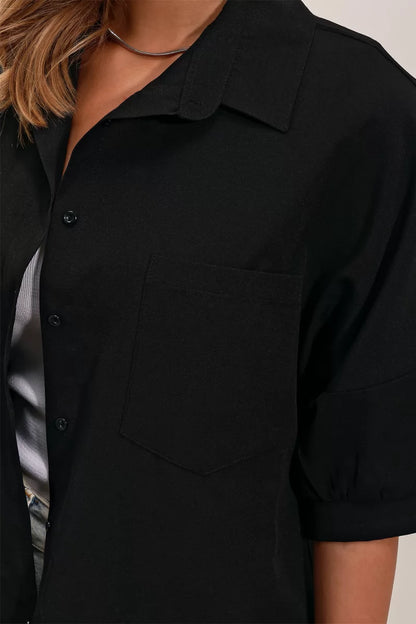 Kadın Kısa Kol Basic Oversize Pamuklu Gömlek