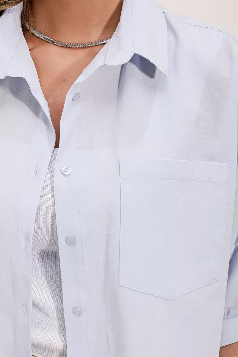 Kadın Cep Detaylı Basic Oversize Kısa Kol Pamuklu Bebe Mavisi Gömlek