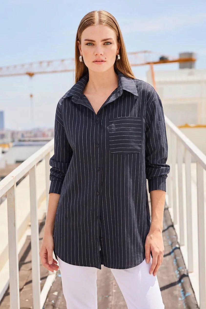 Kadın Oversize Çizgili Pamuklu Gömlek