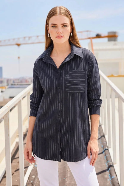 Kadın Oversize Çizgili Pamuklu Gömlek