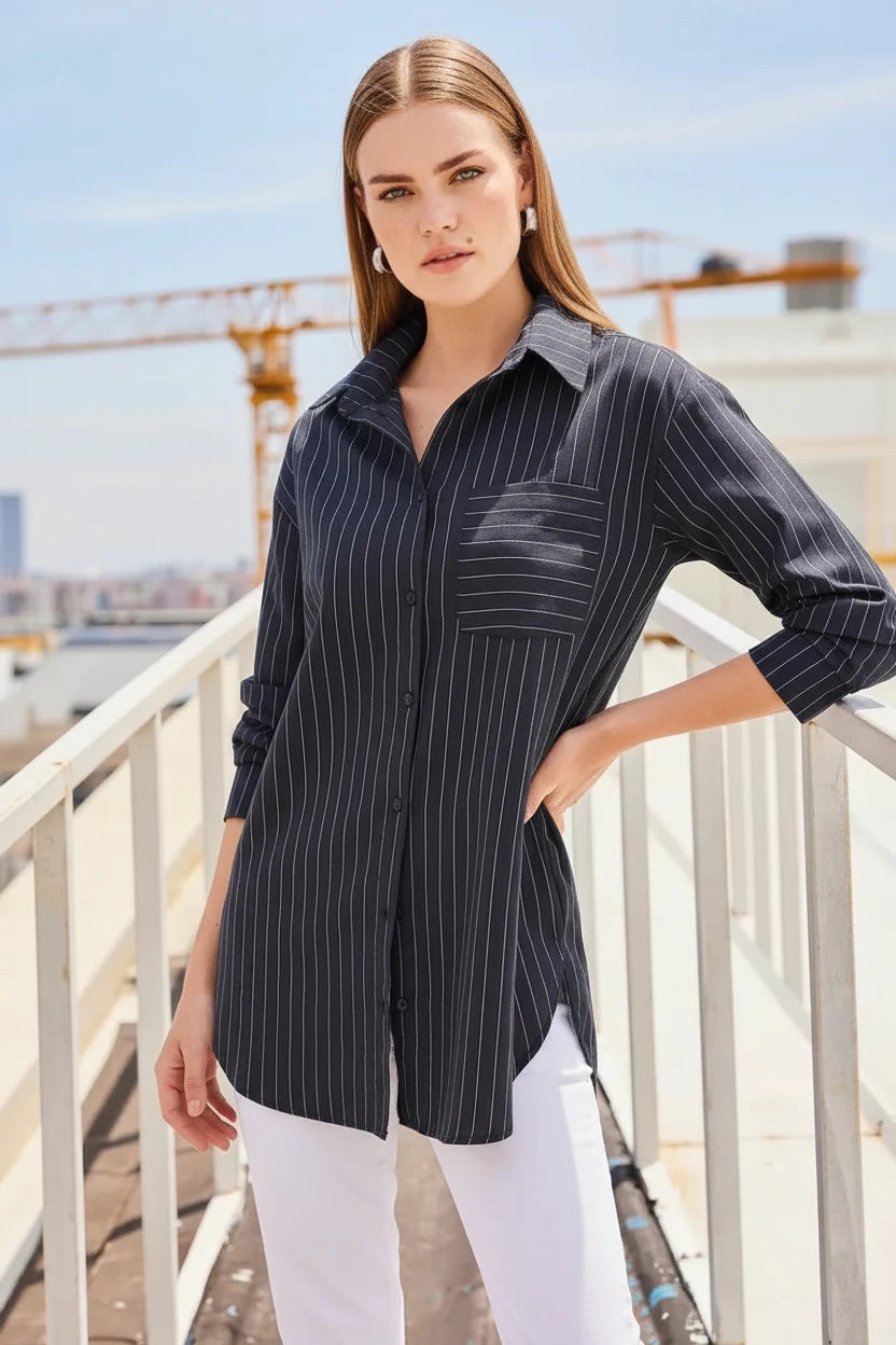 Kadın Oversize Çizgili Pamuklu Gömlek