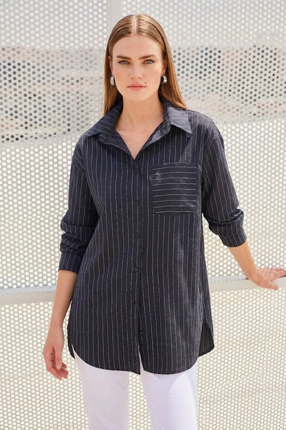 Kadın Oversize Çizgili Pamuklu Gömlek