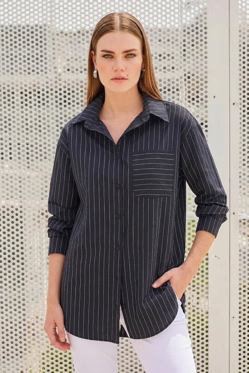 Kadın Oversize Çizgili Pamuklu Gömlek