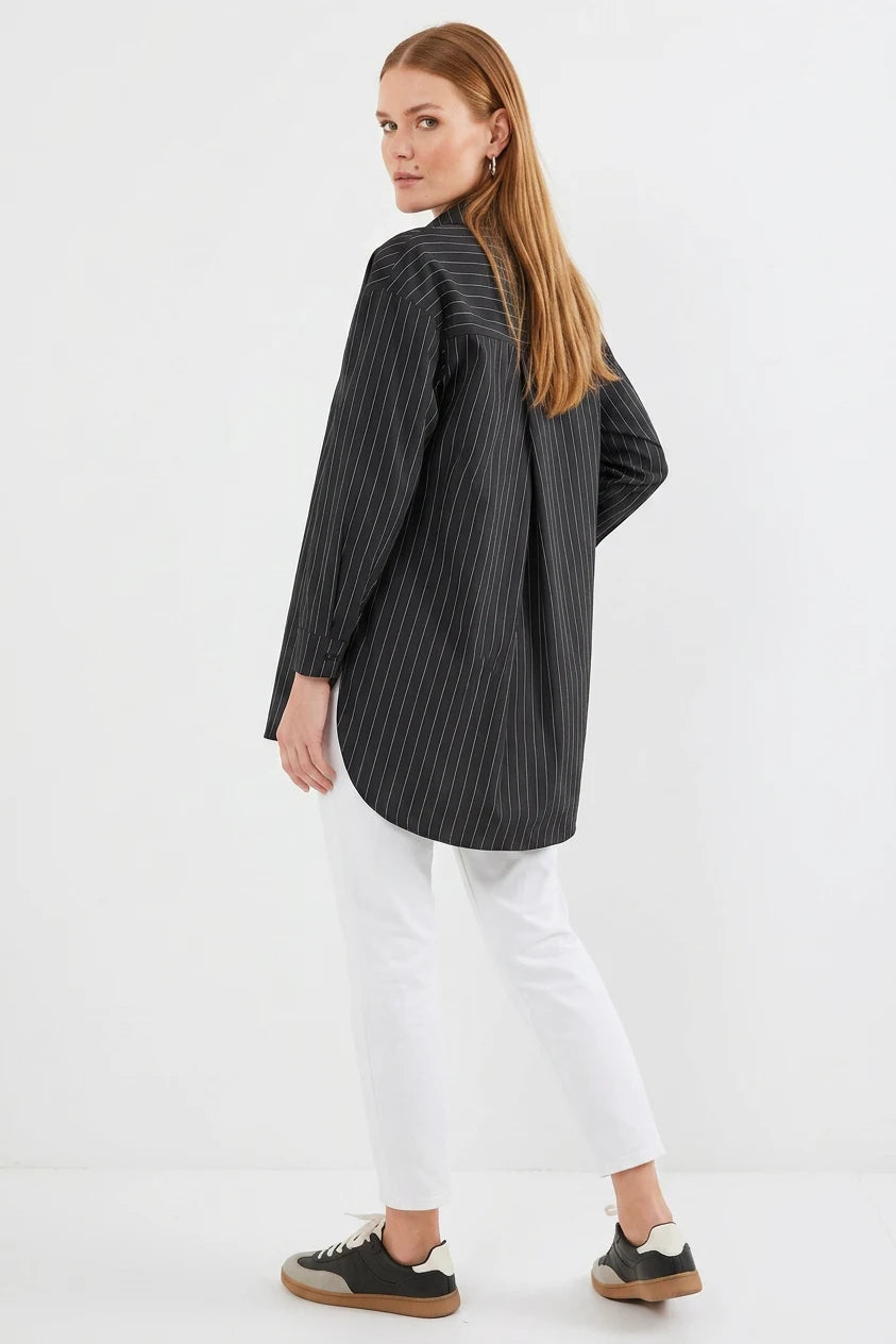 Kadın Oversize Çizgili Pamuklu Gömlek