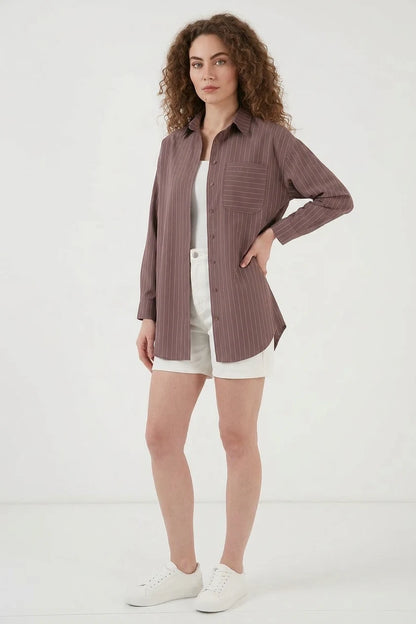Kadın Oversize Çizgili Pamuklu Gömlek