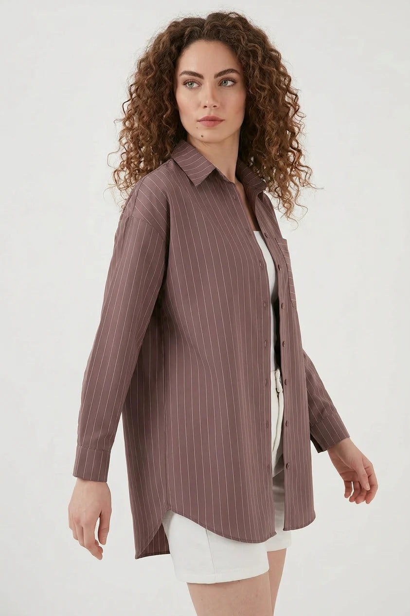 Kadın Oversize Çizgili Pamuklu Gömlek