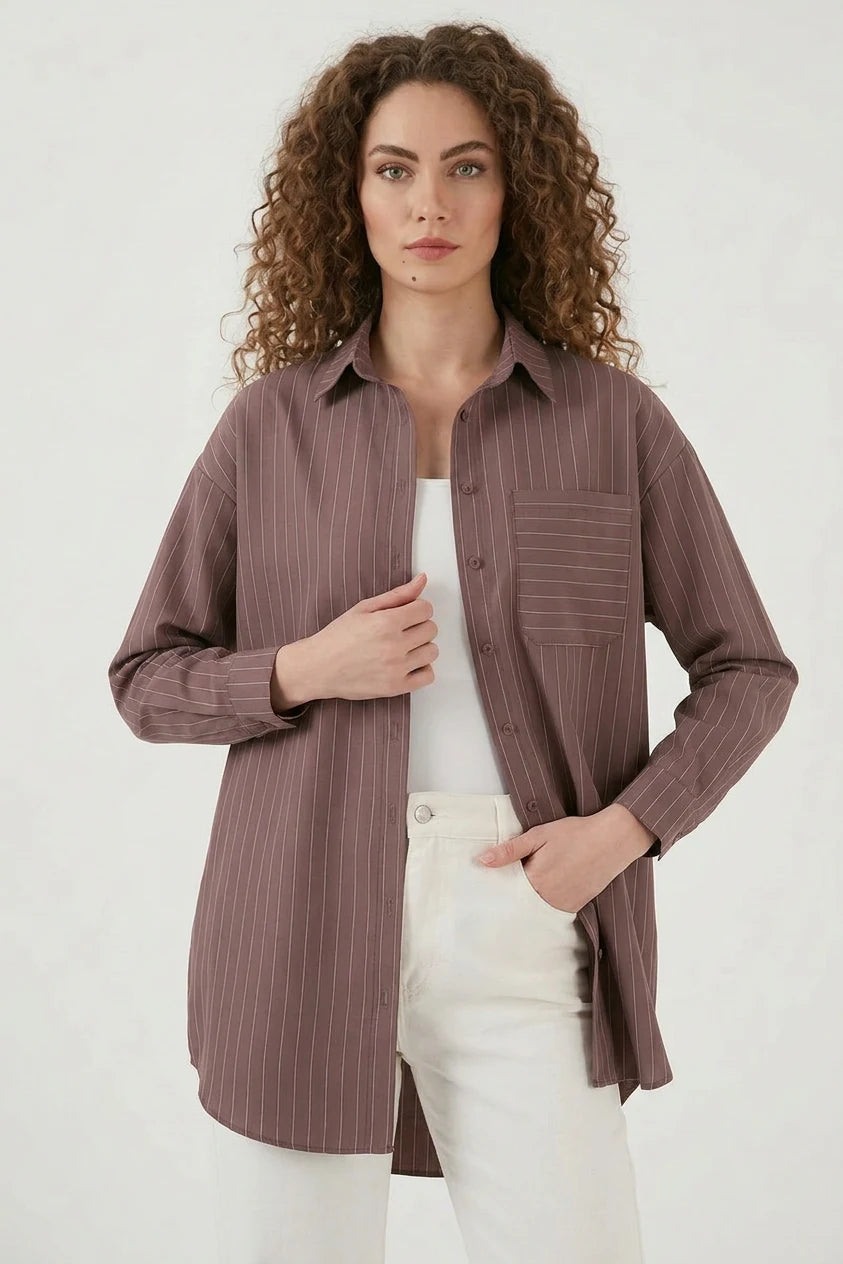 Kadın Oversize Çizgili Pamuklu Gömlek