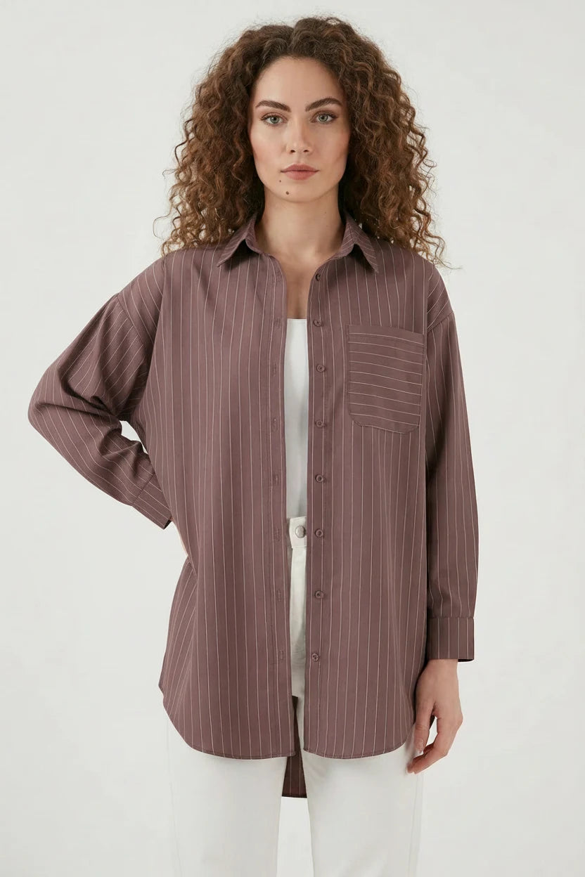 Kadın Oversize Çizgili Pamuklu Gömlek