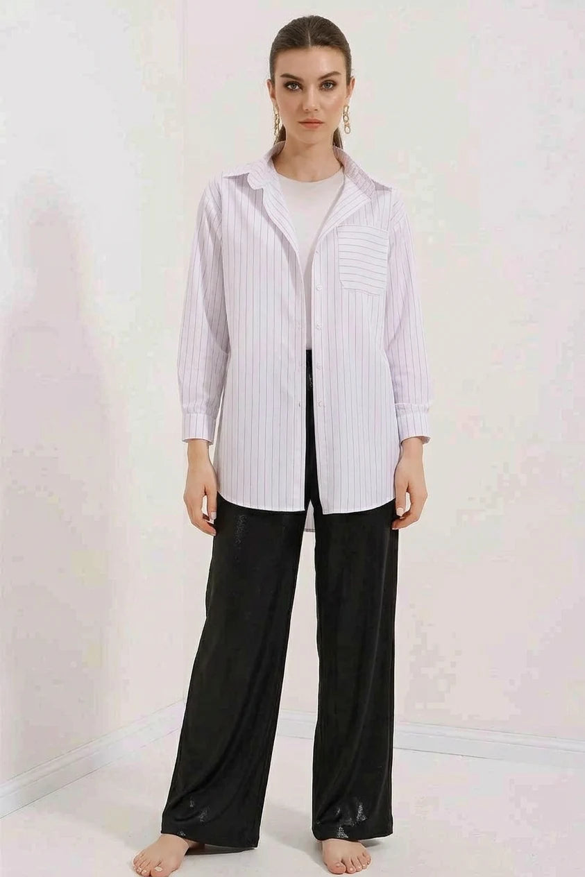 Kadın Oversize Çizgili Pamuklu Gömlek