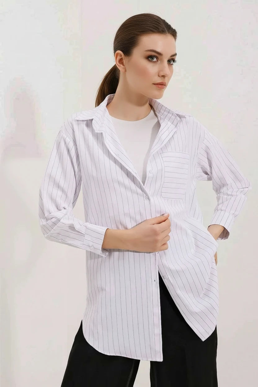 Kadın Oversize Çizgili Pamuklu Gömlek