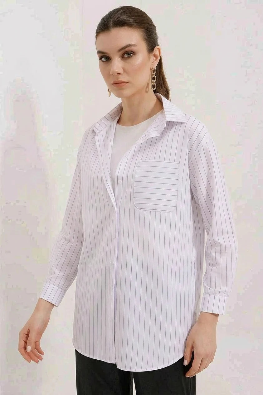 Kadın Oversize Çizgili Pamuklu Gömlek
