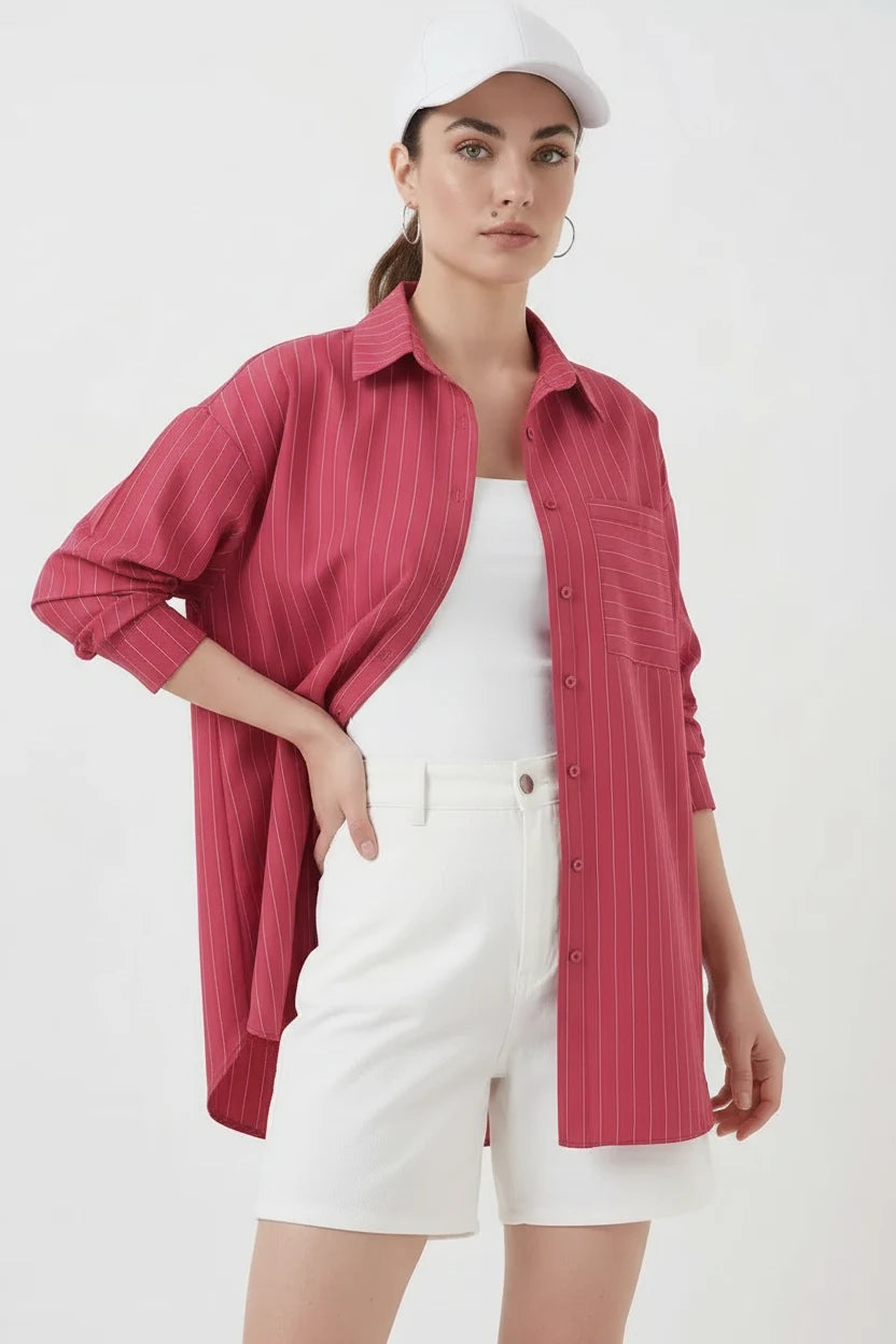 Kadın Oversize Çizgili Pamuklu Gömlek