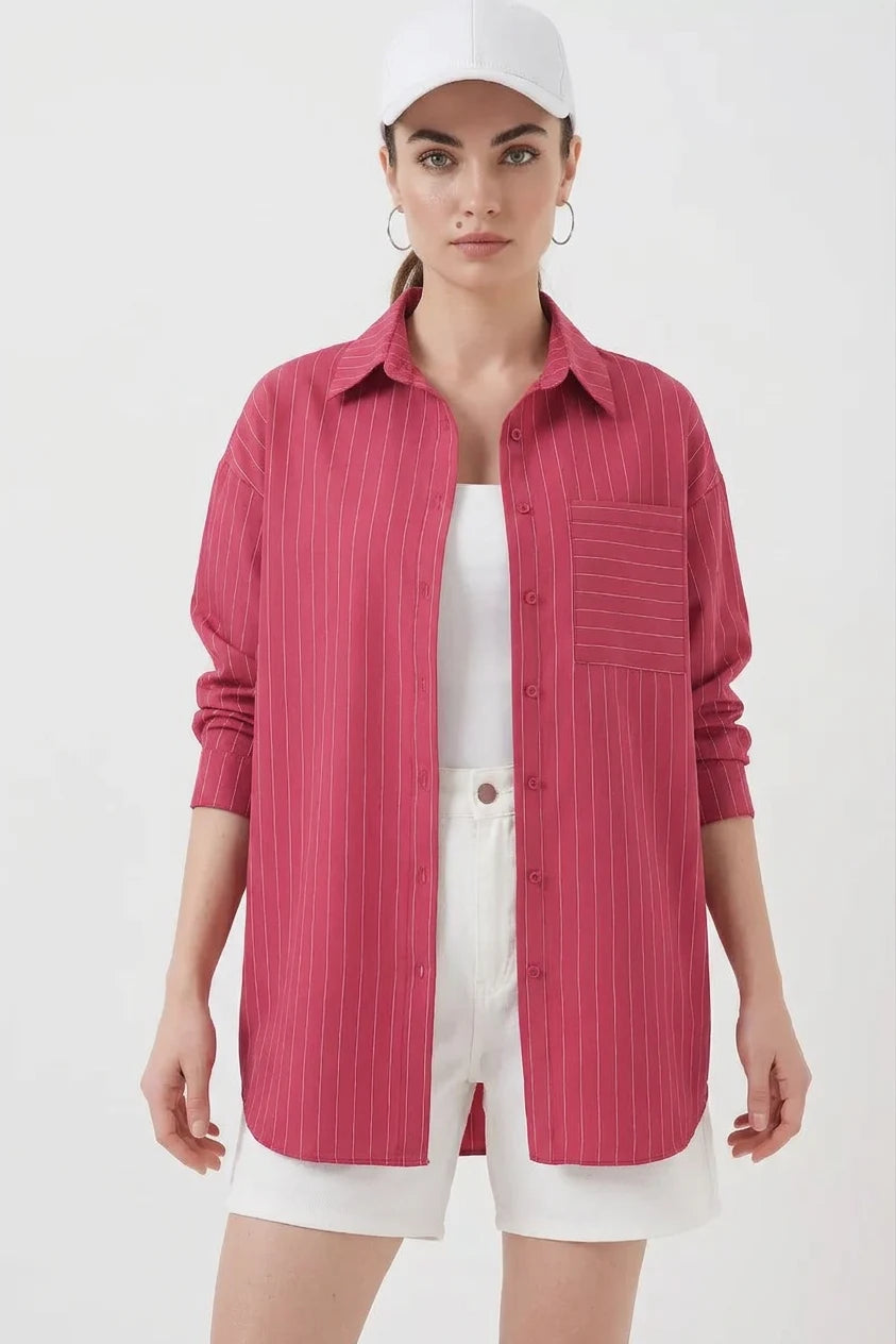 Kadın Oversize Çizgili Pamuklu Gömlek