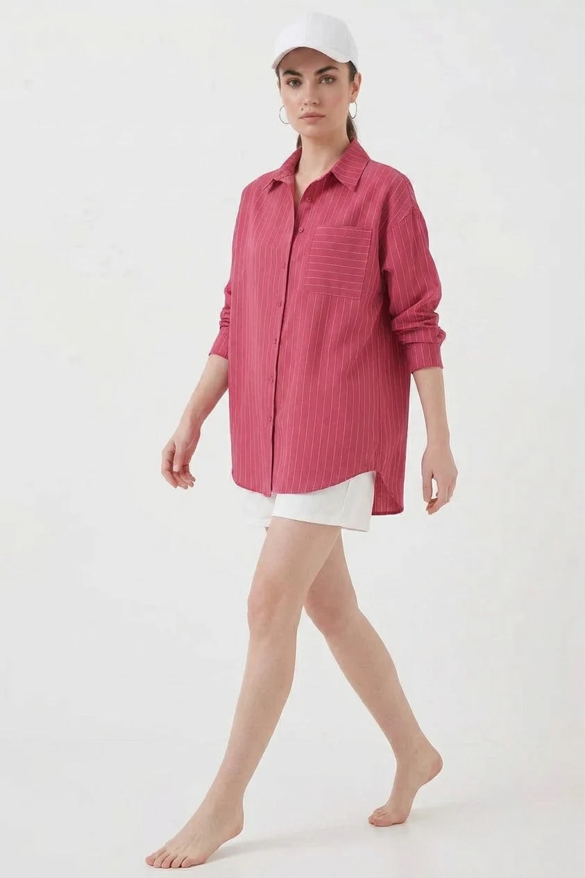 Kadın Oversize Çizgili Pamuklu Gömlek