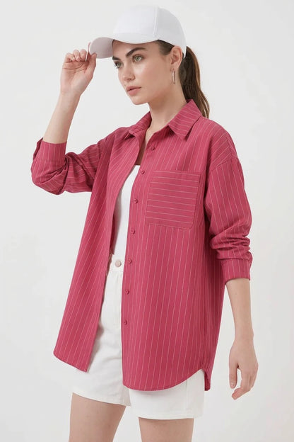 Kadın Oversize Çizgili Pamuklu Gömlek