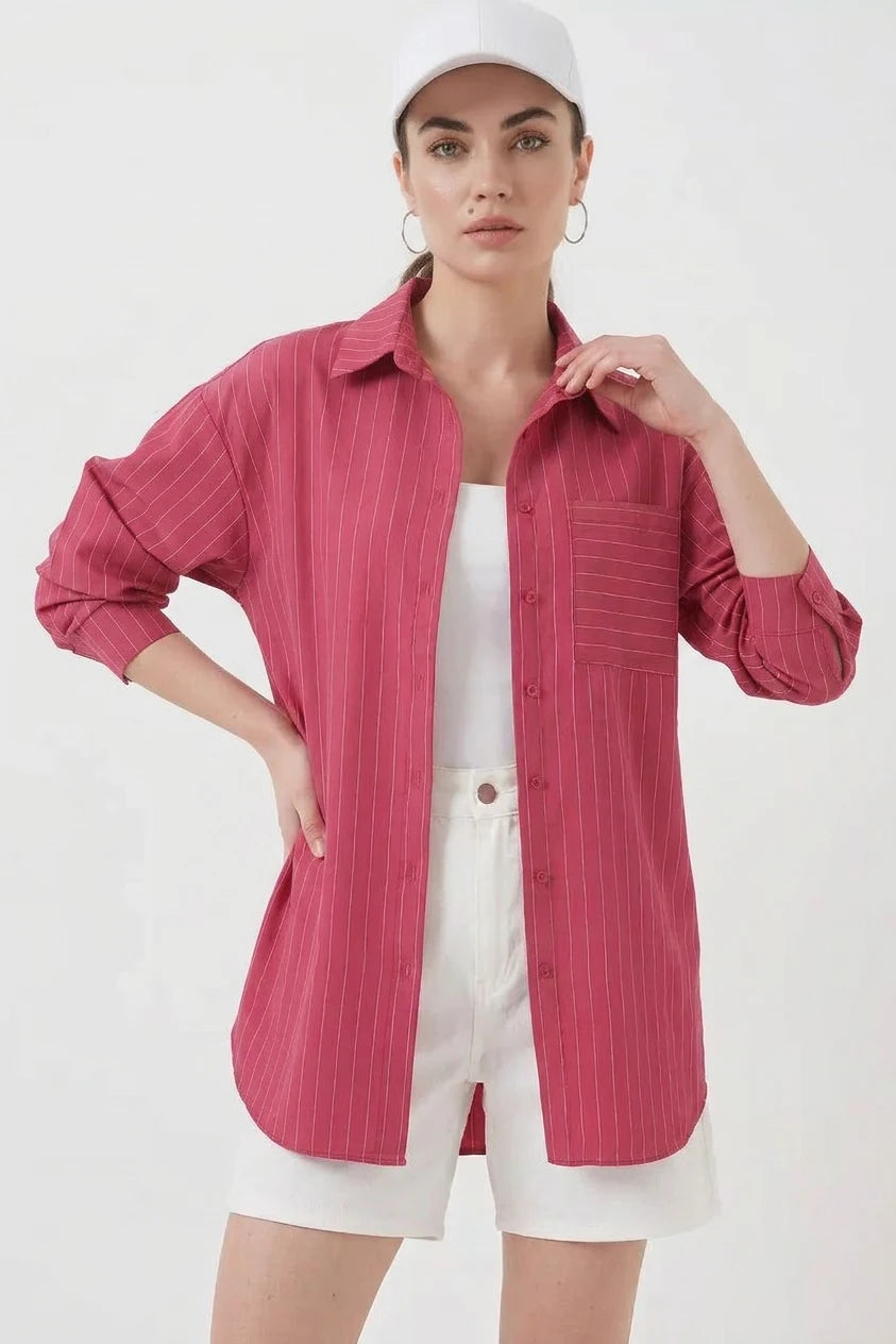 Kadın Oversize Çizgili Pamuklu Gömlek