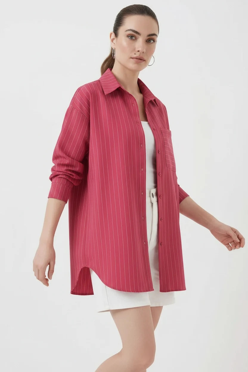 Kadın Oversize Çizgili Pamuklu Gömlek