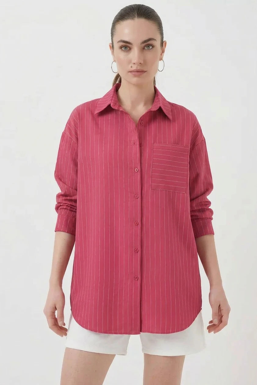 Kadın Oversize Çizgili Pamuklu Gömlek