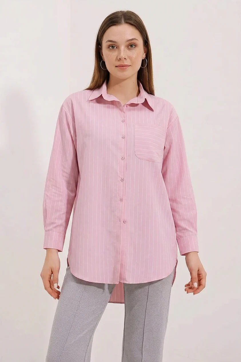 Kadın Oversize Çizgili Pamuklu Gömlek