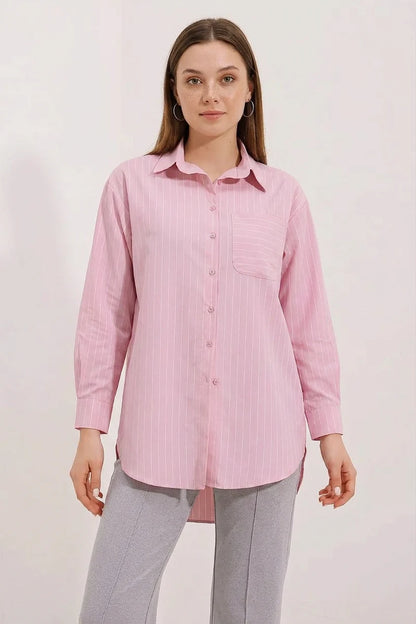 Kadın Oversize Çizgili Pamuklu Gömlek