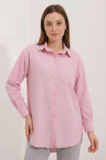 Kadın Oversize Çizgili Pamuklu Gömlek