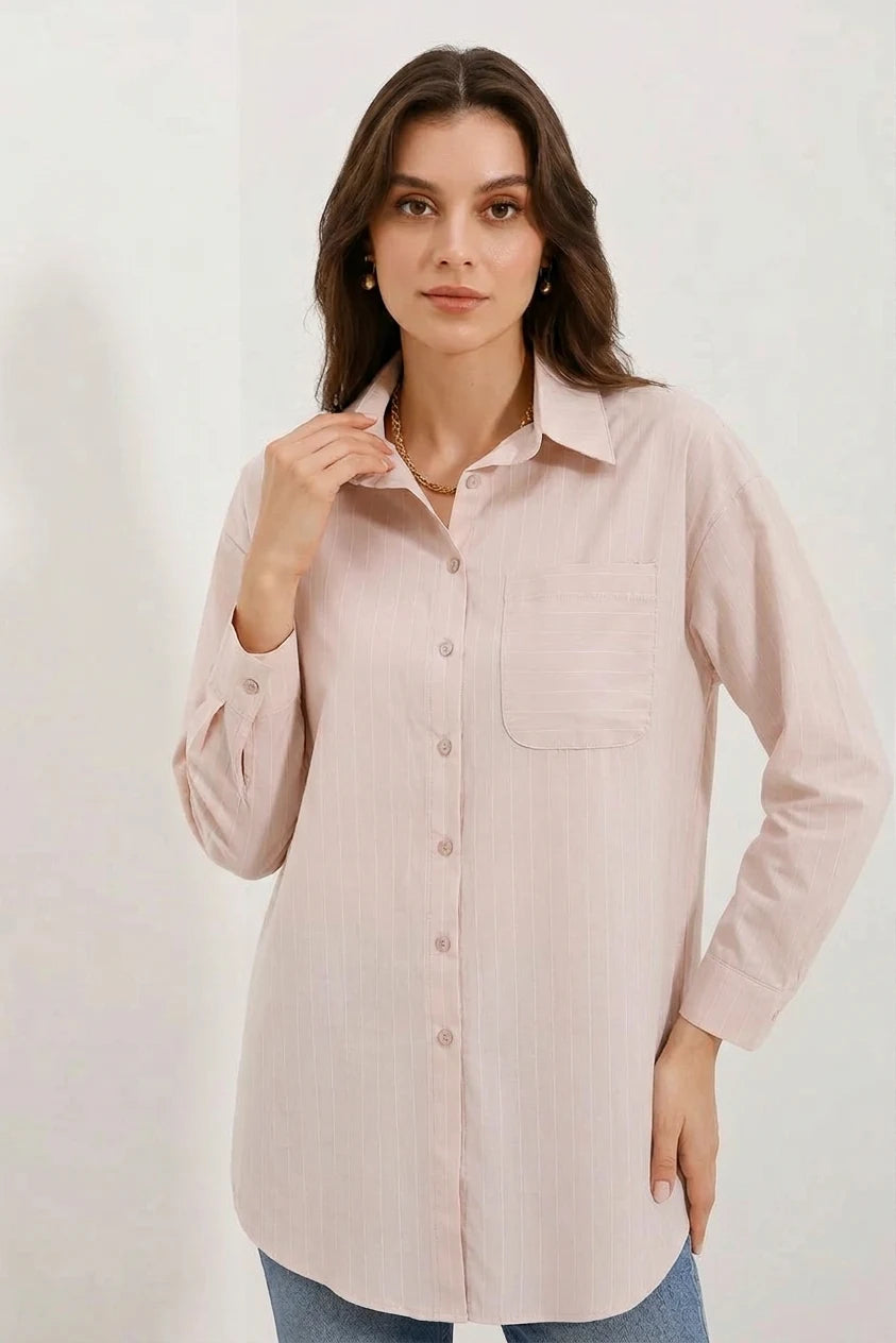 Kadın Oversize Çizgili Pamuklu Gömlek