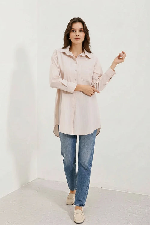 Kadın Oversize Çizgili Pamuklu Gömlek