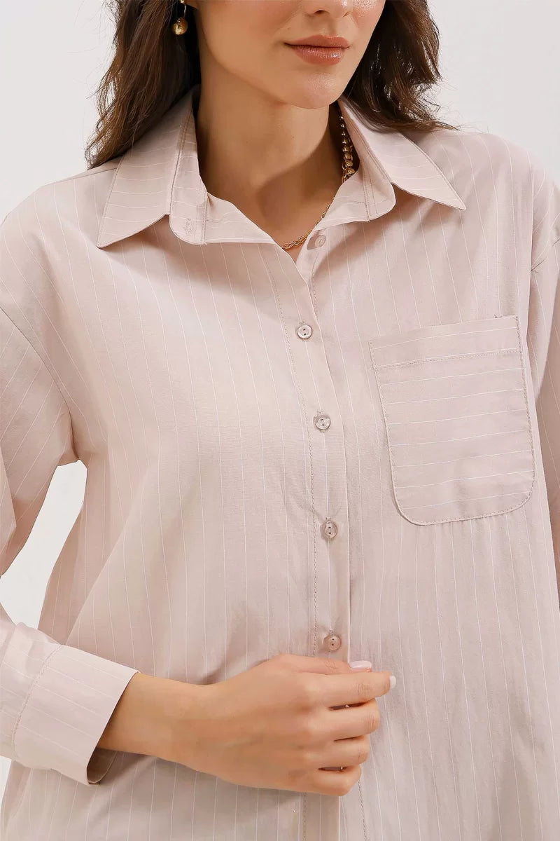 Kadın Oversize Çizgili Pamuklu Gömlek