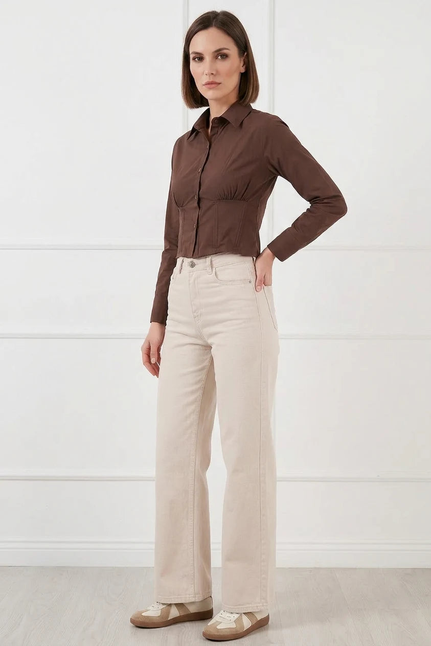 Kadın Belden Büzgülü Slim Fit Pamuklu Kahverengi Gömlek