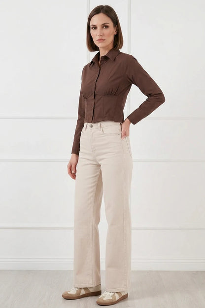 Kadın Belden Büzgülü Slim Fit Pamuklu Kahverengi Gömlek
