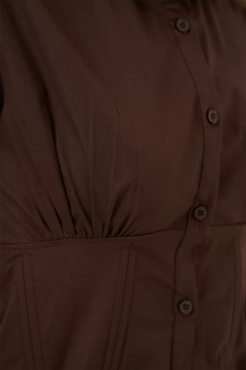 Kadın Belden Büzgülü Slim Fit Pamuklu Kahverengi Gömlek