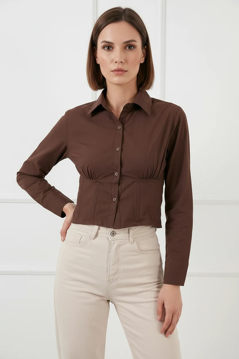 Kadın Belden Büzgülü Slim Fit Pamuklu Kahverengi Gömlek