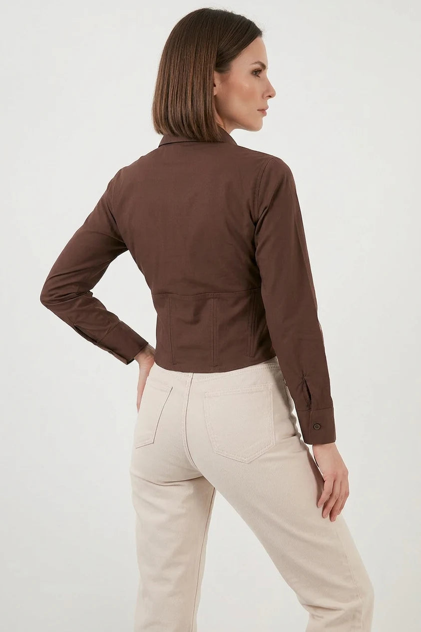 Kadın Belden Büzgülü Slim Fit Pamuklu Kahverengi Gömlek