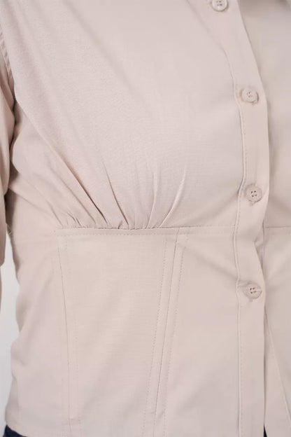 Kadın Slim Fit Belden Büzgülü Pamuklu Krem Gömlek