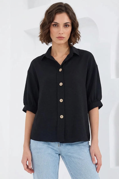 Kadın Kısa Kol Oversize Keten Gömlek