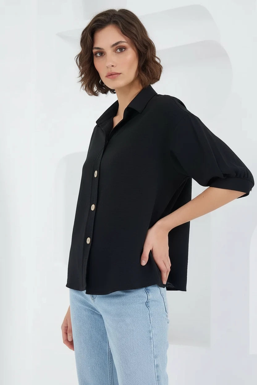 Kadın Kısa Kol Oversize Keten Gömlek