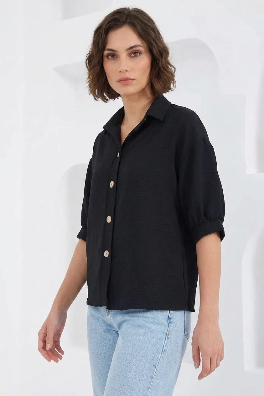 Kadın Kısa Kol Oversize Keten Gömlek