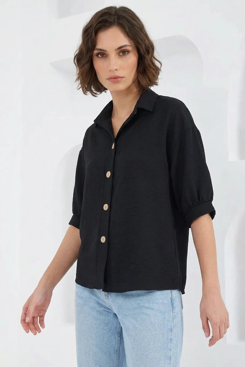 Kadın Kısa Kol Oversize Keten Gömlek