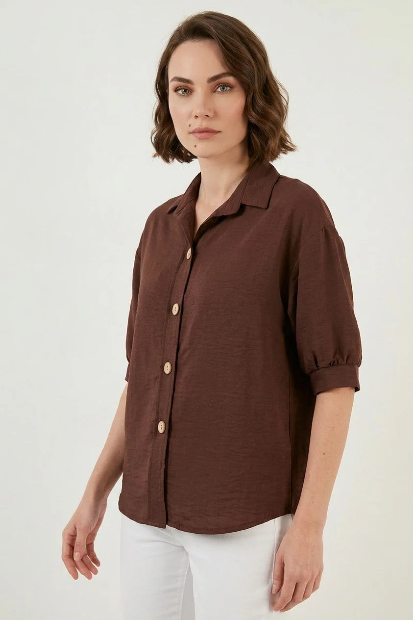 Kadın Kısa Kol Oversize Keten Gömlek