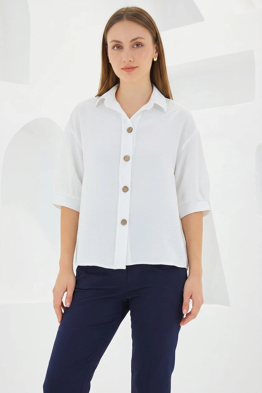 Kadın Oversize Kesim Kısa Kol Keten Gömlek