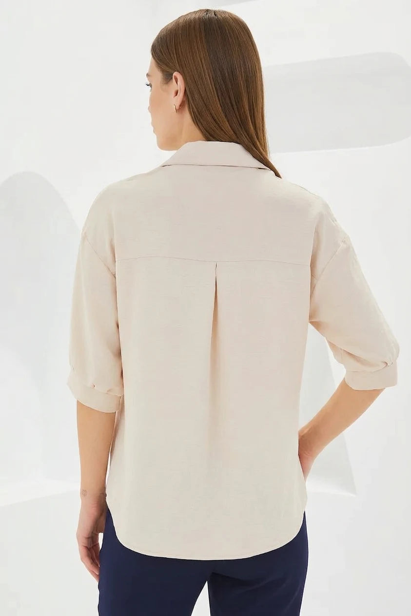 Kadın Kısa Kol Oversize Keten Gömlek