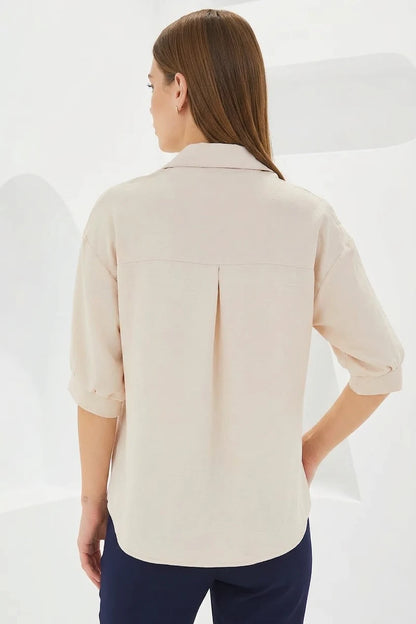Kadın Kısa Kol Oversize Keten Gömlek