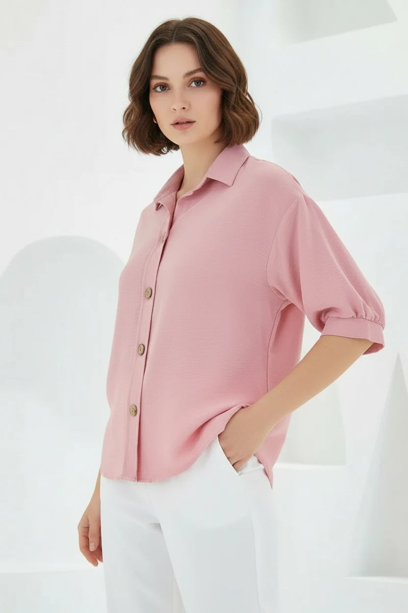 Kadın Oversize Kesim Kısa Kol Keten Gömlek