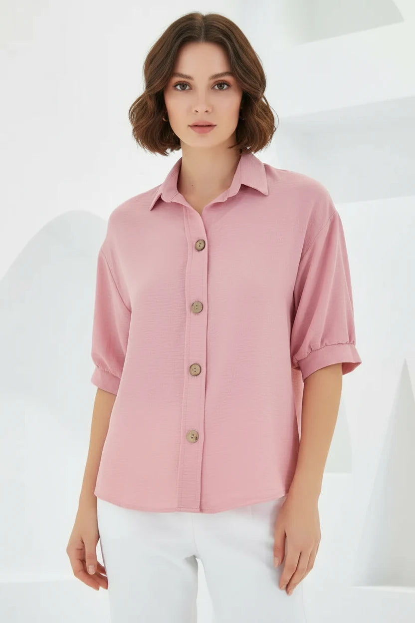 Kadın Oversize Kesim Kısa Kol Keten Gömlek