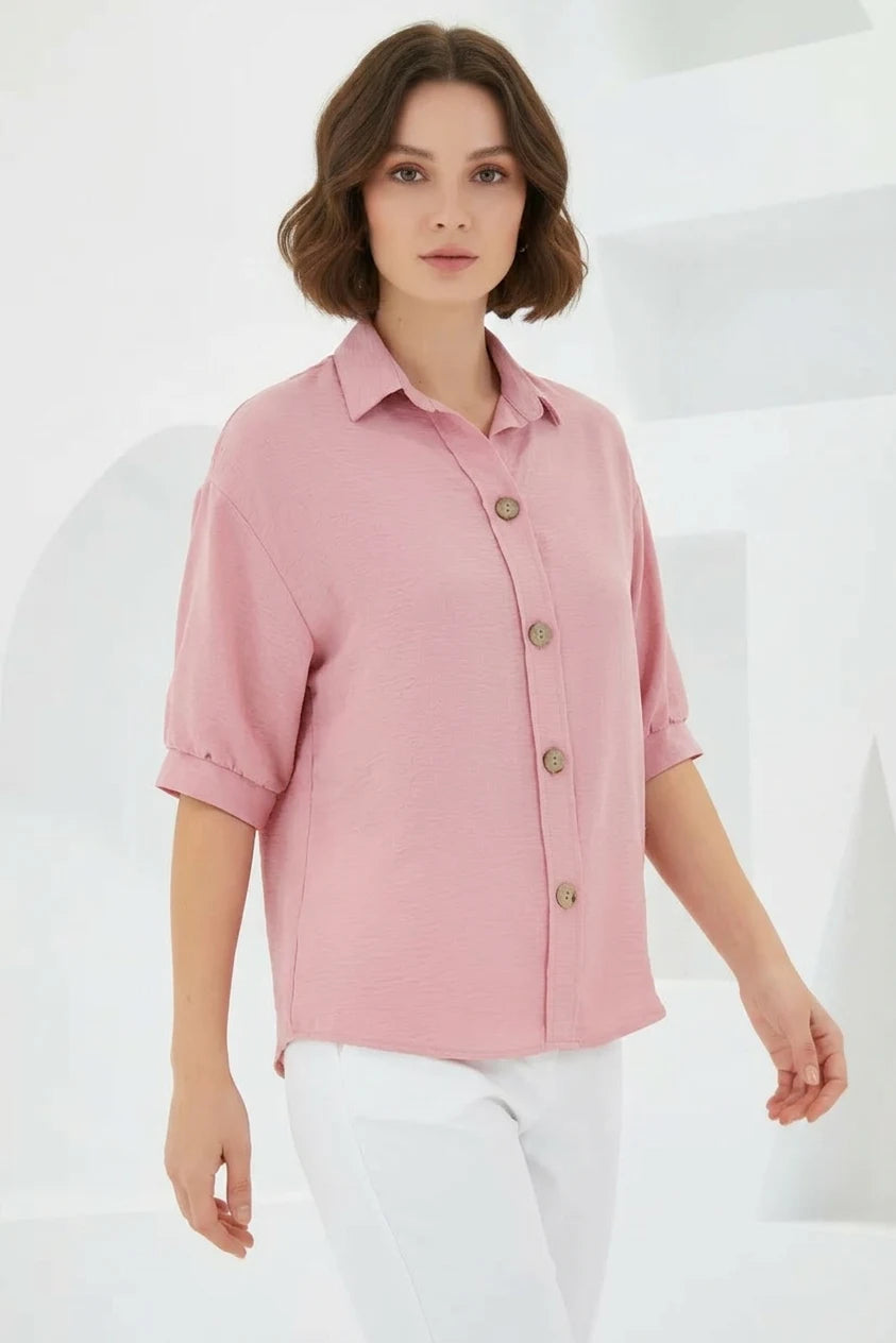 Kadın Oversize Kesim Kısa Kol Keten Gömlek