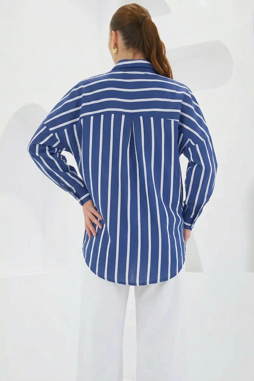 Kadın Basic Oversize Çizgili Lacivert Gömlek