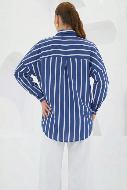 Kadın Basic Oversize Çizgili Lacivert Gömlek