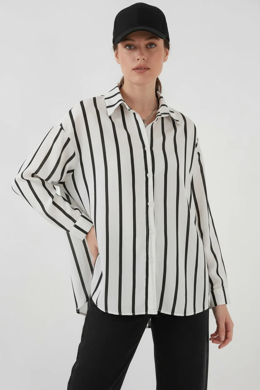 Kadın Basic Oversize Çizgili Siyah Beyaz Gömlek