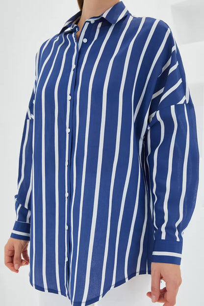 Kadın Basic Oversize Çizgili Lacivert Gömlek